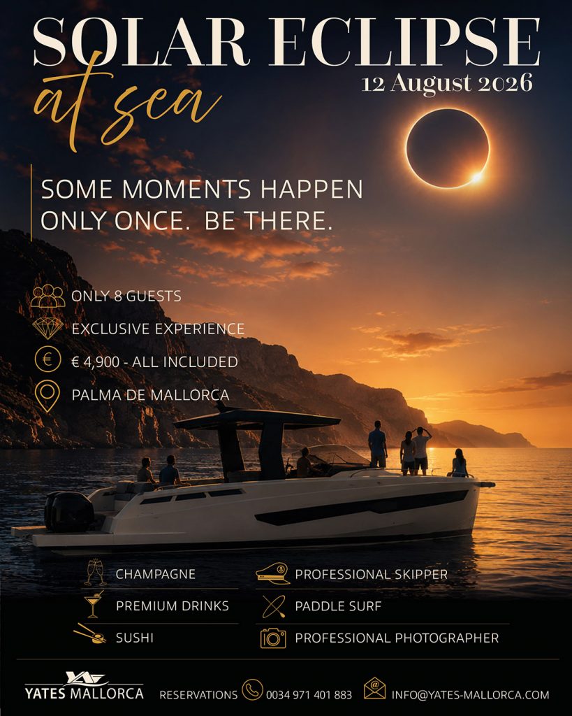 Erleben Sie die Sonnenfinsternis am 12. August 2026 exklusiv an Bord einer Fiart SW35 vor Mallorca – für nur acht Gäste und all inclusive.